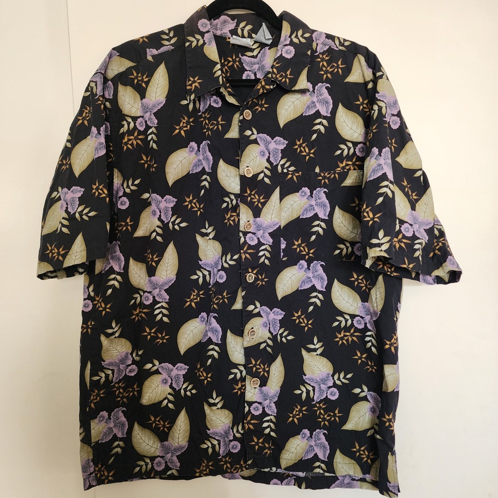 Op Sport Hawaiian Shirt Mens L Black Purple Vtg Cotton Tropical Floral Excellent